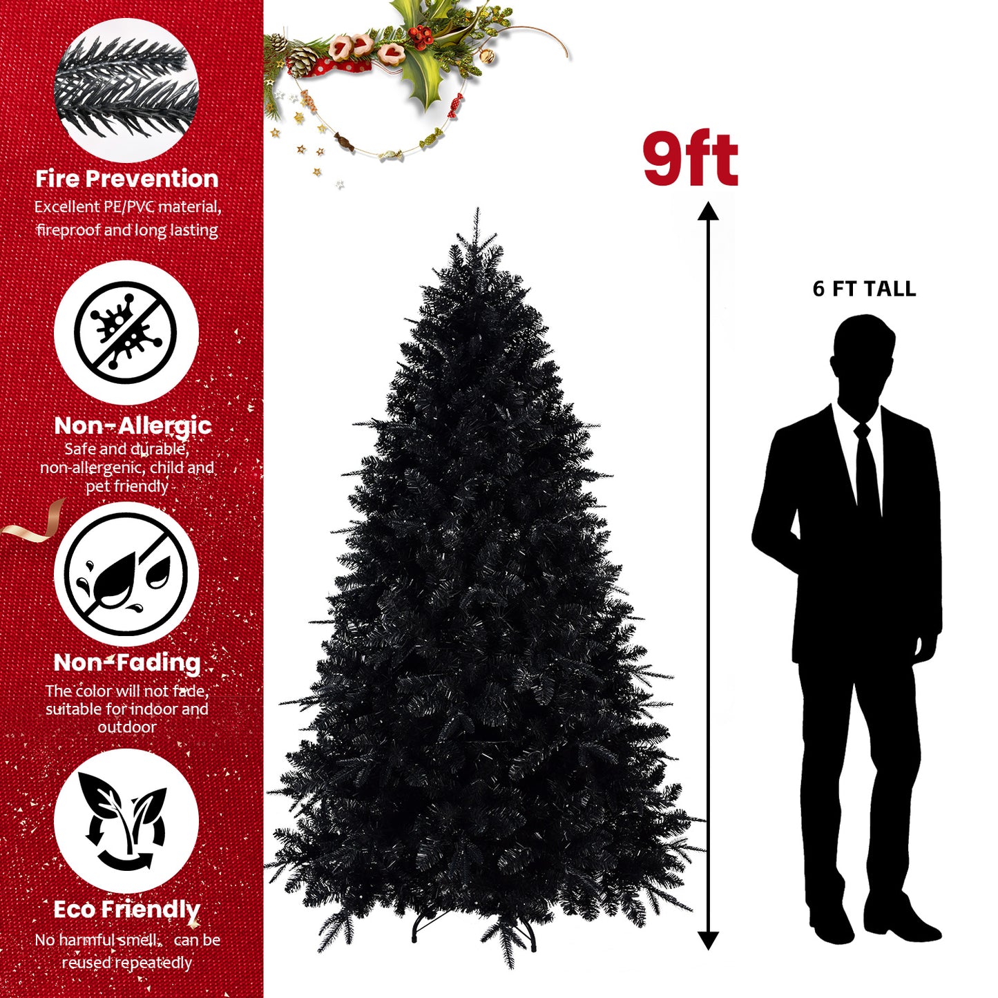 Prelit Black Christmas Tree with White Lights - Multiple Heights