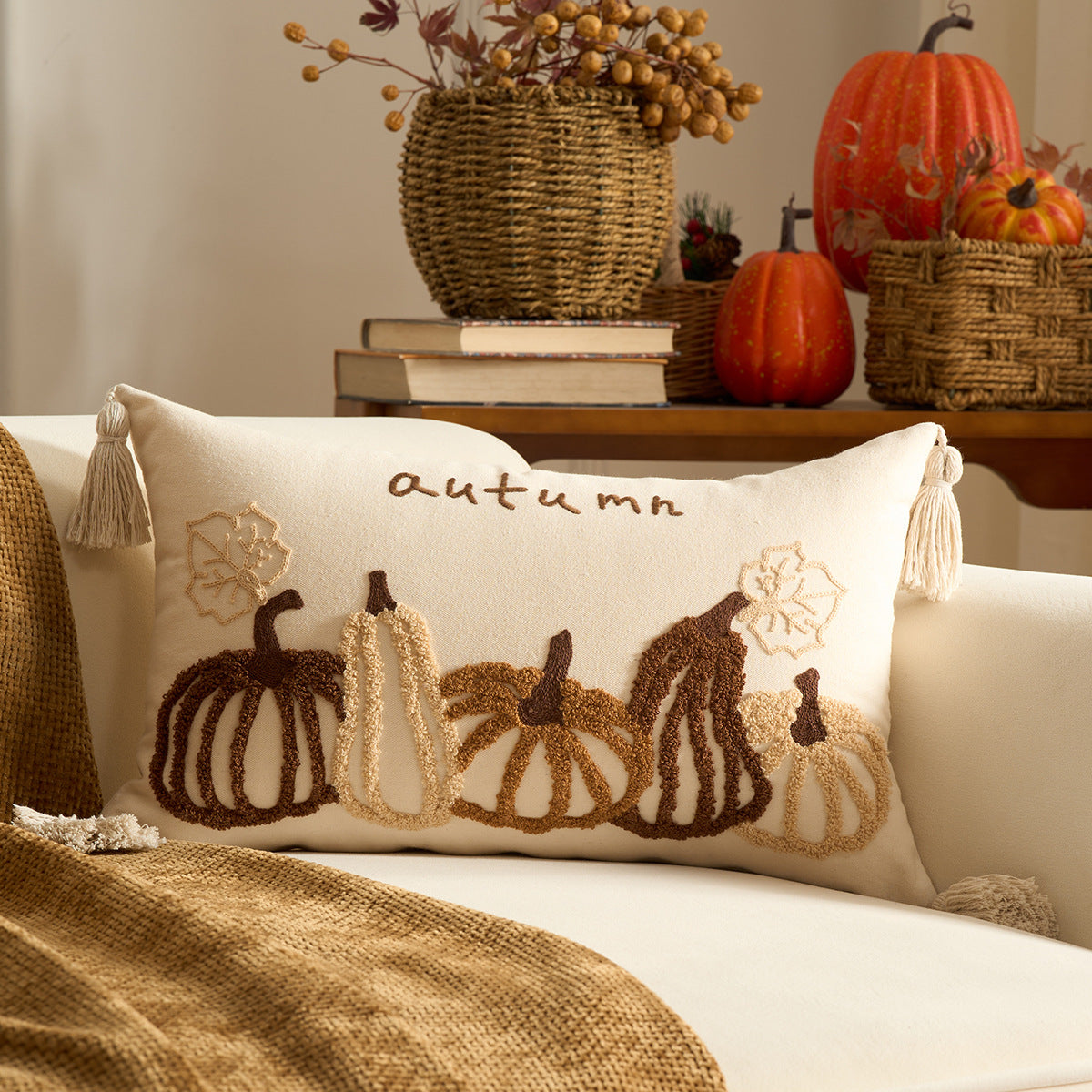 Autumn Maple Leaf Pumpkin Pillow Cover for Sofa & Living Room Decor