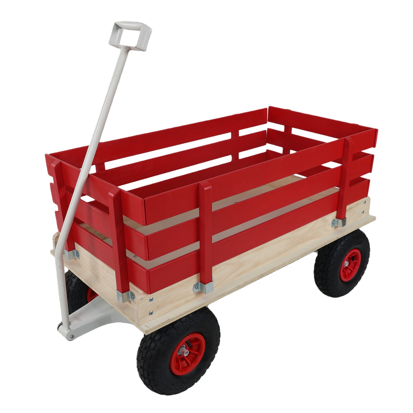 Red Wooden Wagon Cart With Folding Handle, Heavy Duty All-Terrain