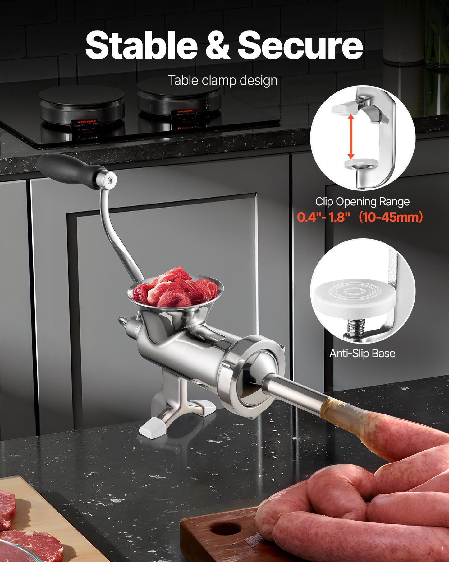 Manual Meat Grinder - 304 Stainless Steel with Sausage Maker