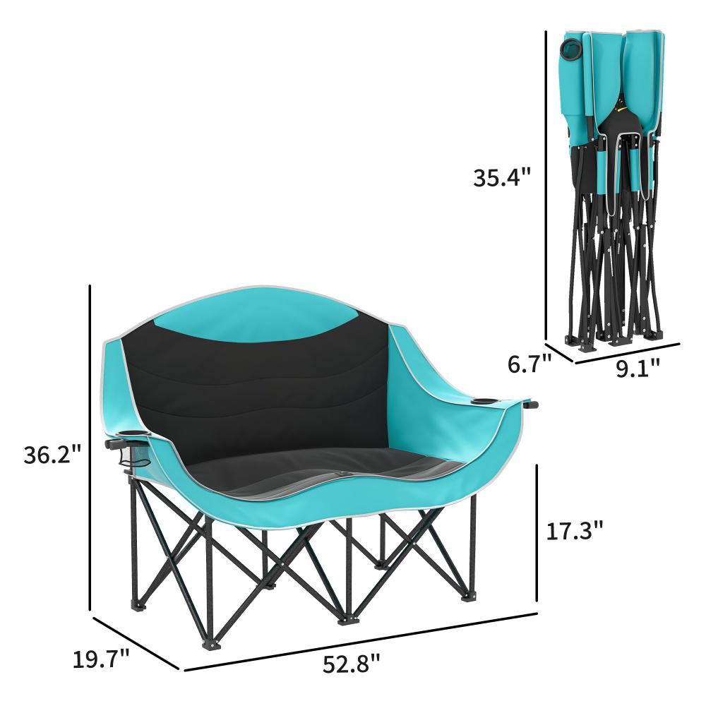 Padded Folding Camp Chair for Adults - Green, Double Seat with Armrests and Cup Holders