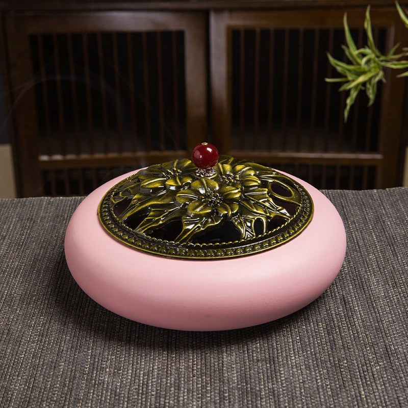 Ceramic Lotus Incense Burner with Iron Cover - Traditional Chinese Style Home Fragrance