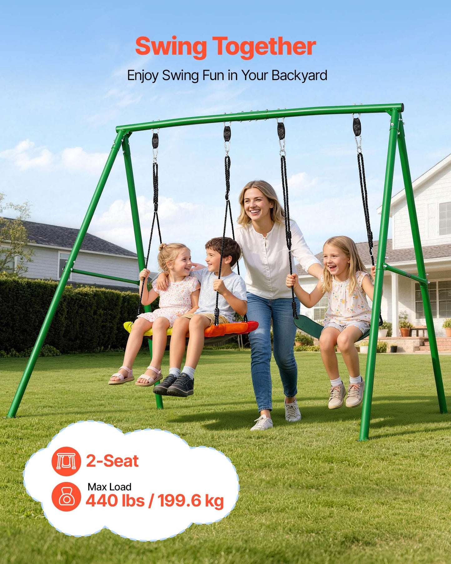 Heavy Duty Backyard Swing Set with Saucer & Belt Seats - 440 Lb Capacity, A-Frame Stand, Color Black