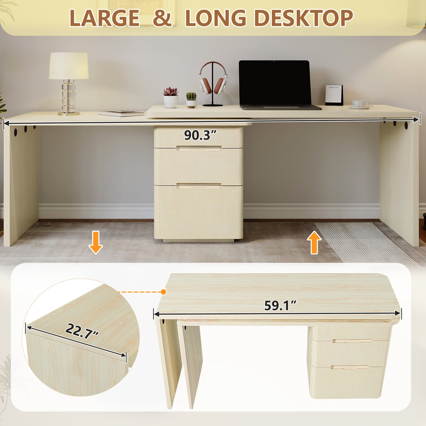 90 Modern L Shaped Desk In Natural Wood With 3 Drawers,360 Rotating