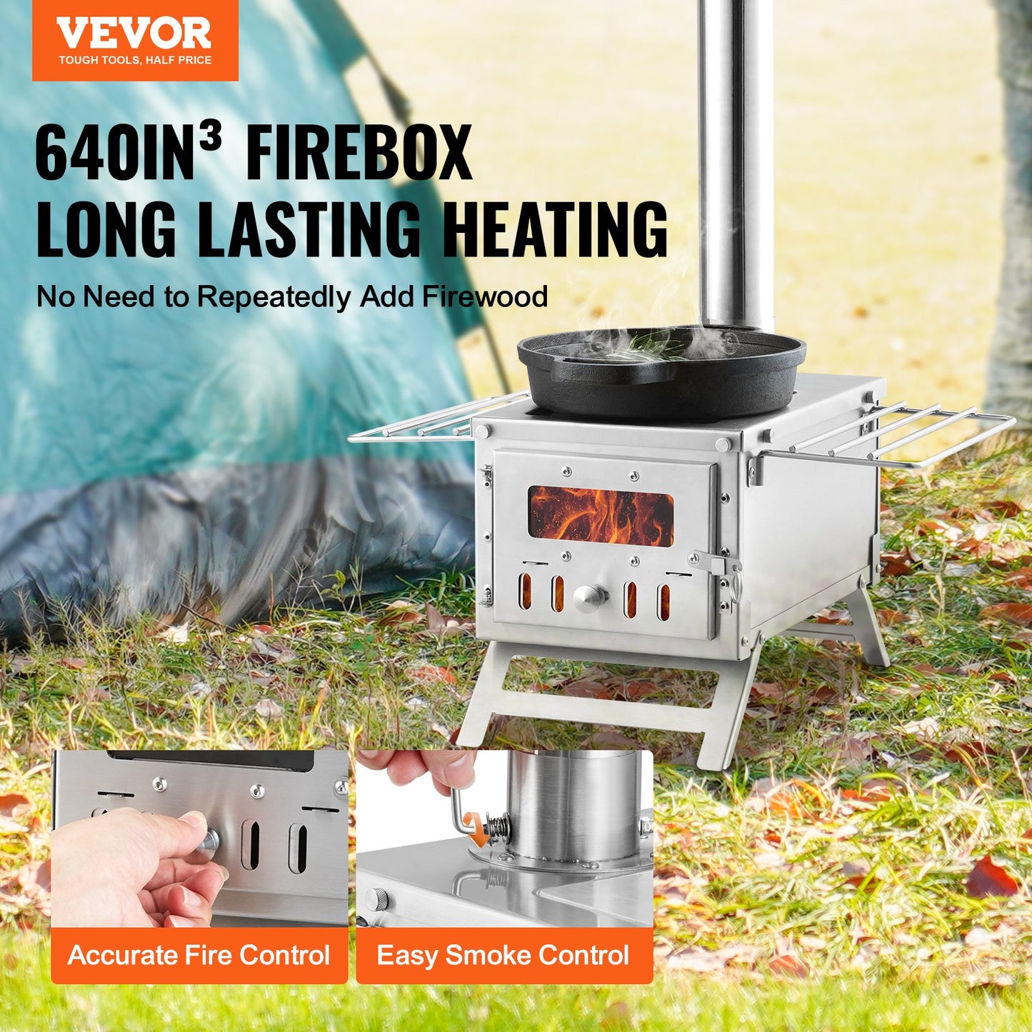 Portable Wood Burning Stove 80 Inch Stainless Steel Camping Tent Heater