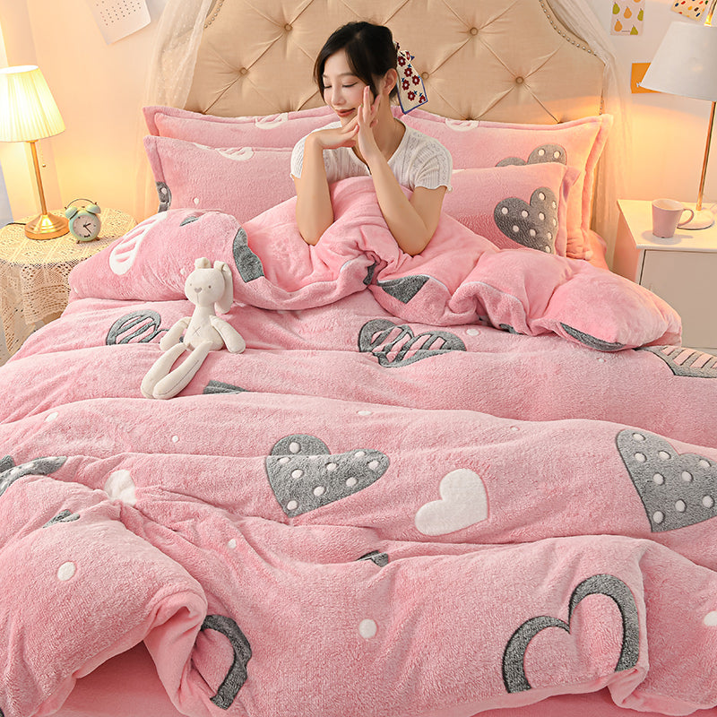 Coral Velvet Duvet Cover Set Double Sided Thick Bedding with Cartoon Patterns