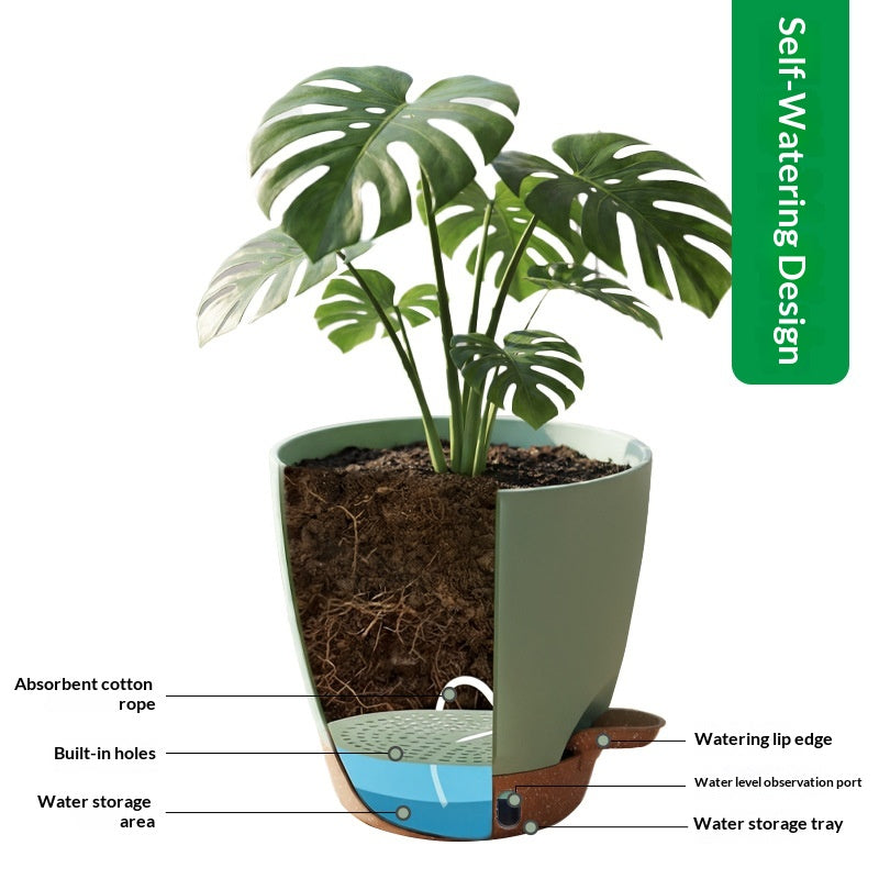 Self Watering Plastic Flower Pot with Watering Spout and Cotton Wick - Garden & Home Decor