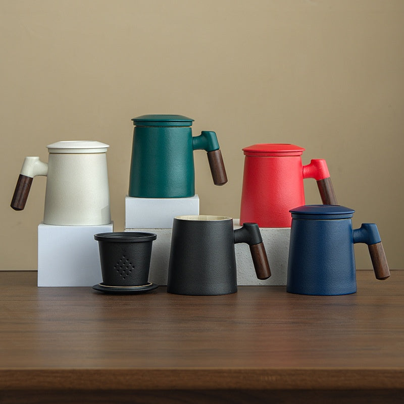 Ceramic Tea Water Separation Mug with Lid - 400ml Zen & Imperial Styles