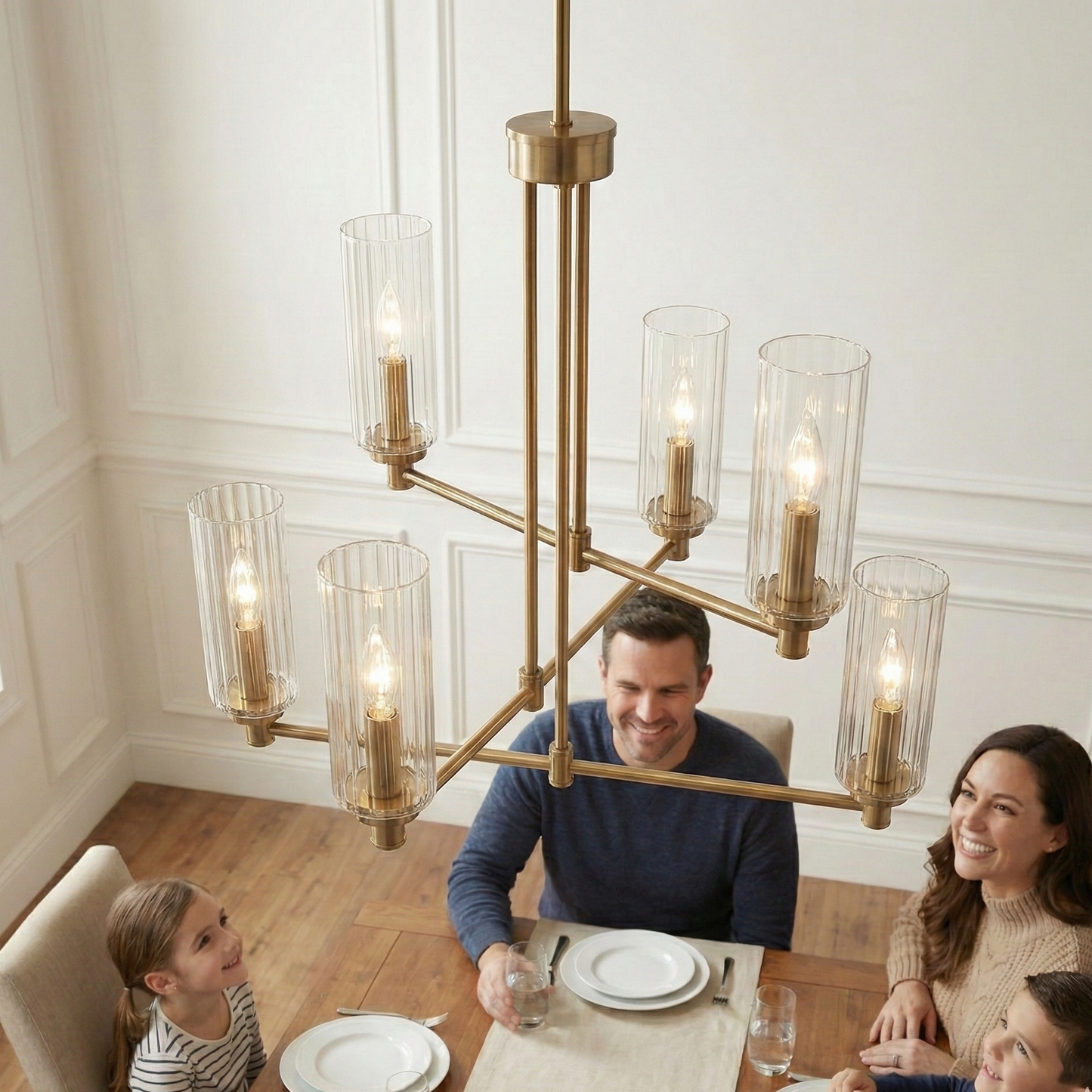 Timeless Six Lights Chandelier With Clear Ribbed Glass - Satin Brass