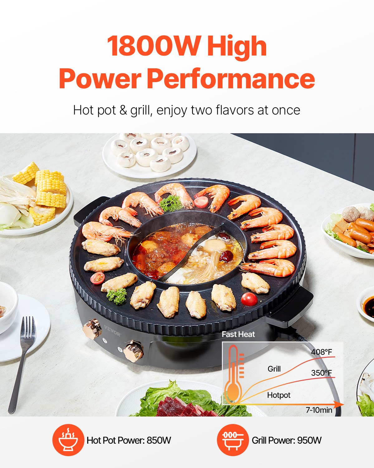 Electric Hot Pot with Grill 1800W 2-in-1 Smokeless Cooker for Family