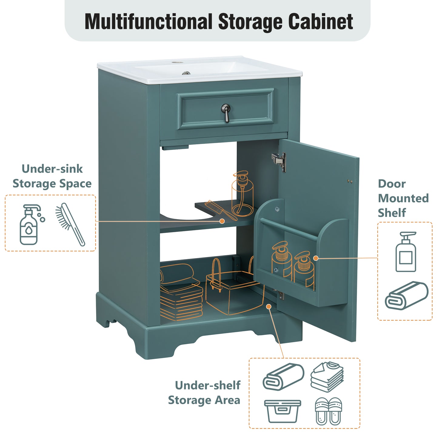 20-Inch Green Bathroom Vanity with Ceramic Sink & Soft Close Door