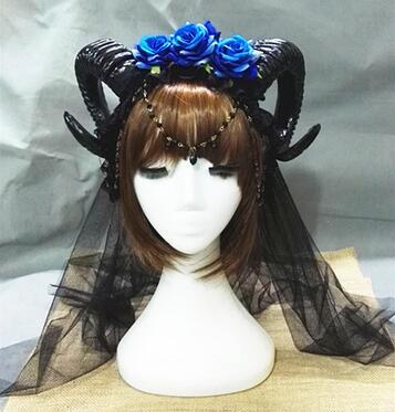 Halloween Vampire Headband with Roses and Horn Veil - Festive Hair Accessory
