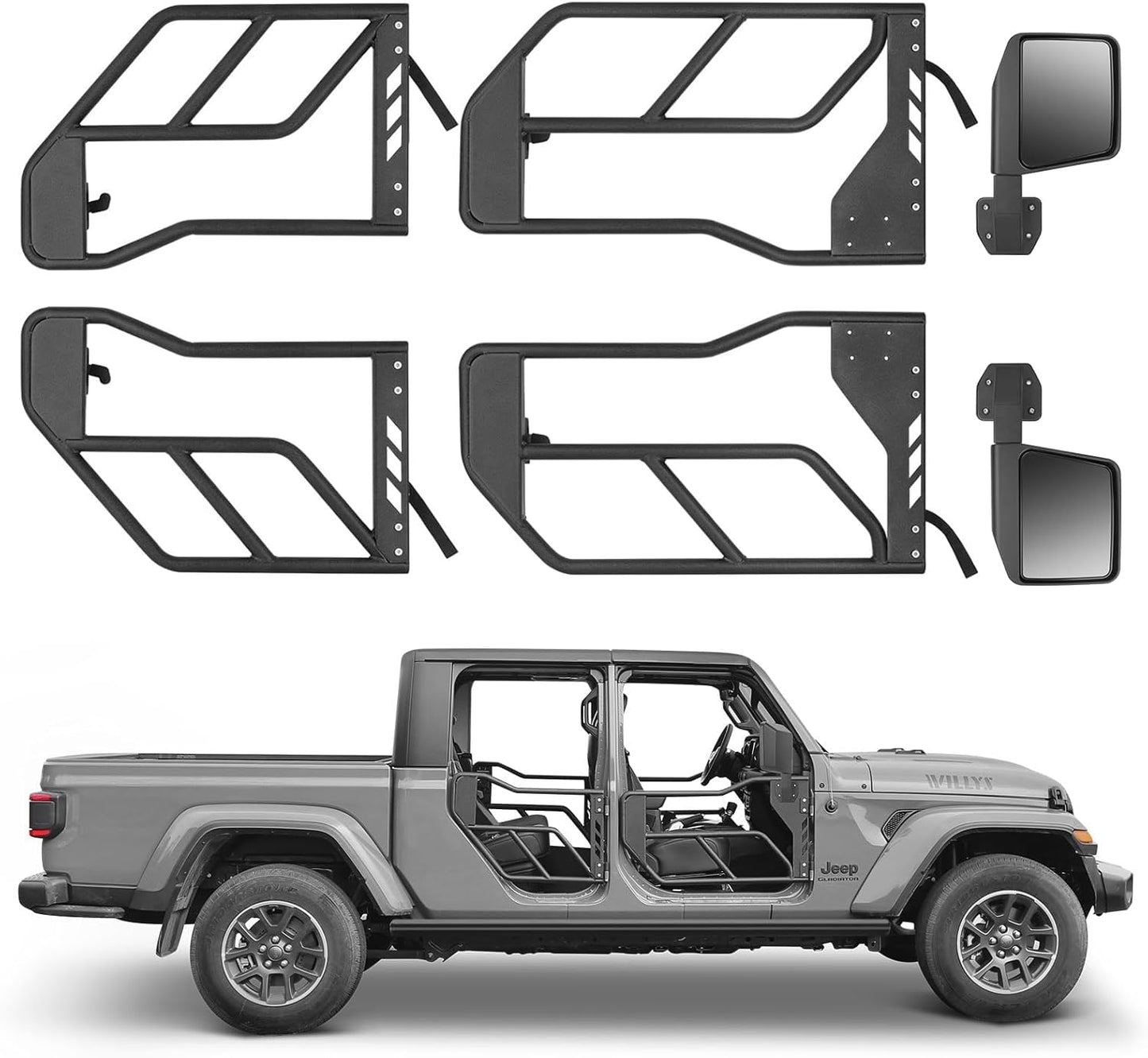 Tube Doors with Side View Mirror for 2018-2026 Jeep Wrangler JL & Gladiator JT - Black