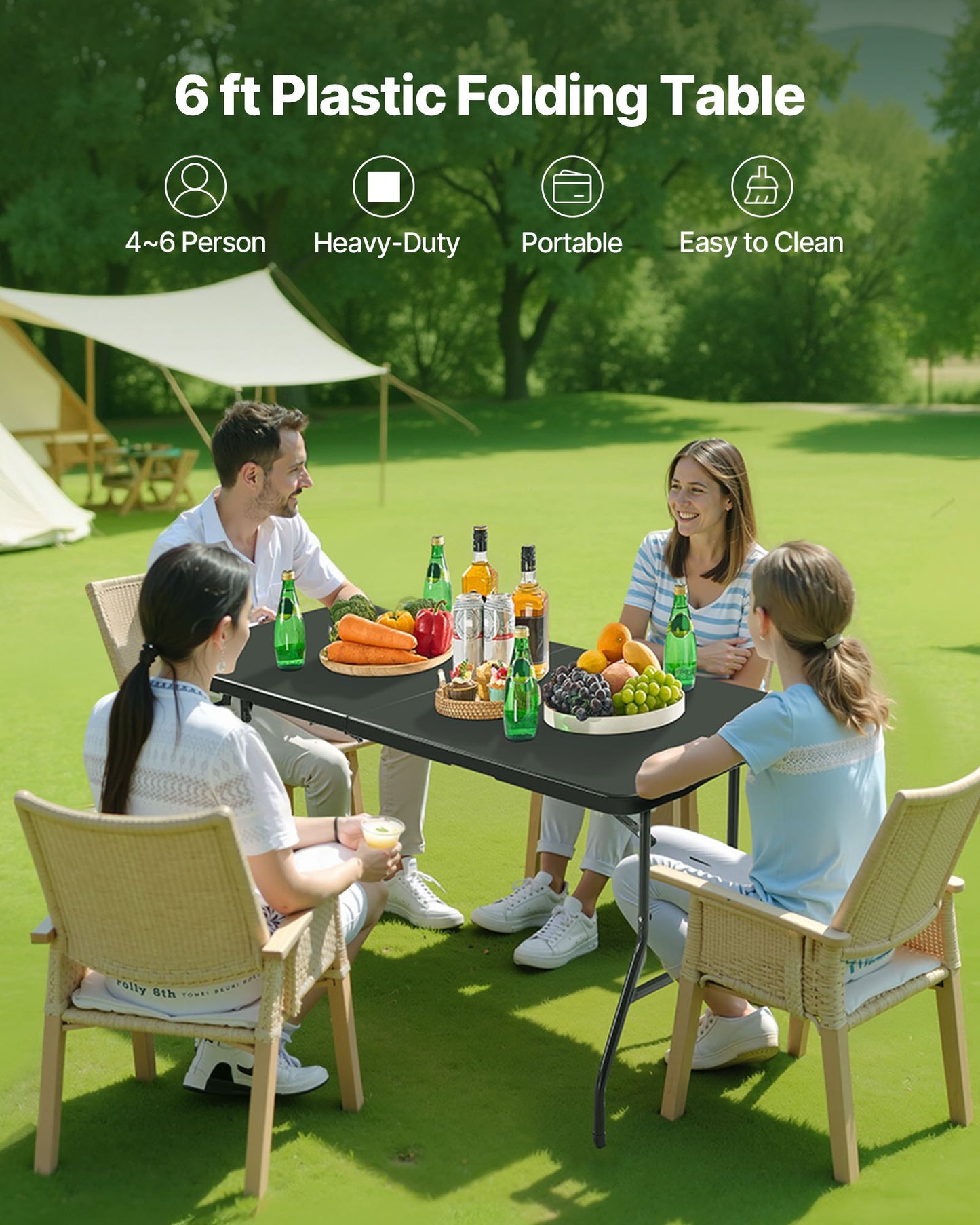 6 Ft Portable Folding Picnic Table Indoor Outdoor with Handle - Black