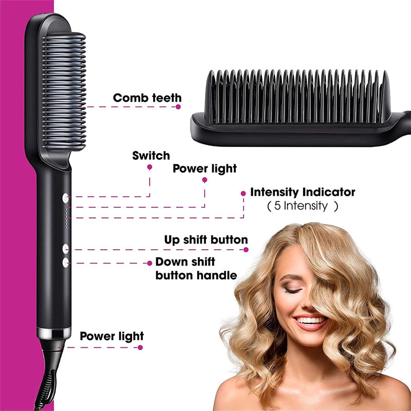 2-in-1 Hair Straightener Curling Iron Hot Comb with Negative Ions - Multi-Functional Electric Hair Styling Brush