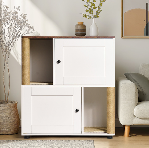 Double Cat Litter Box Enclosure Cabinet for 2 Cats with Shelves White Vintage