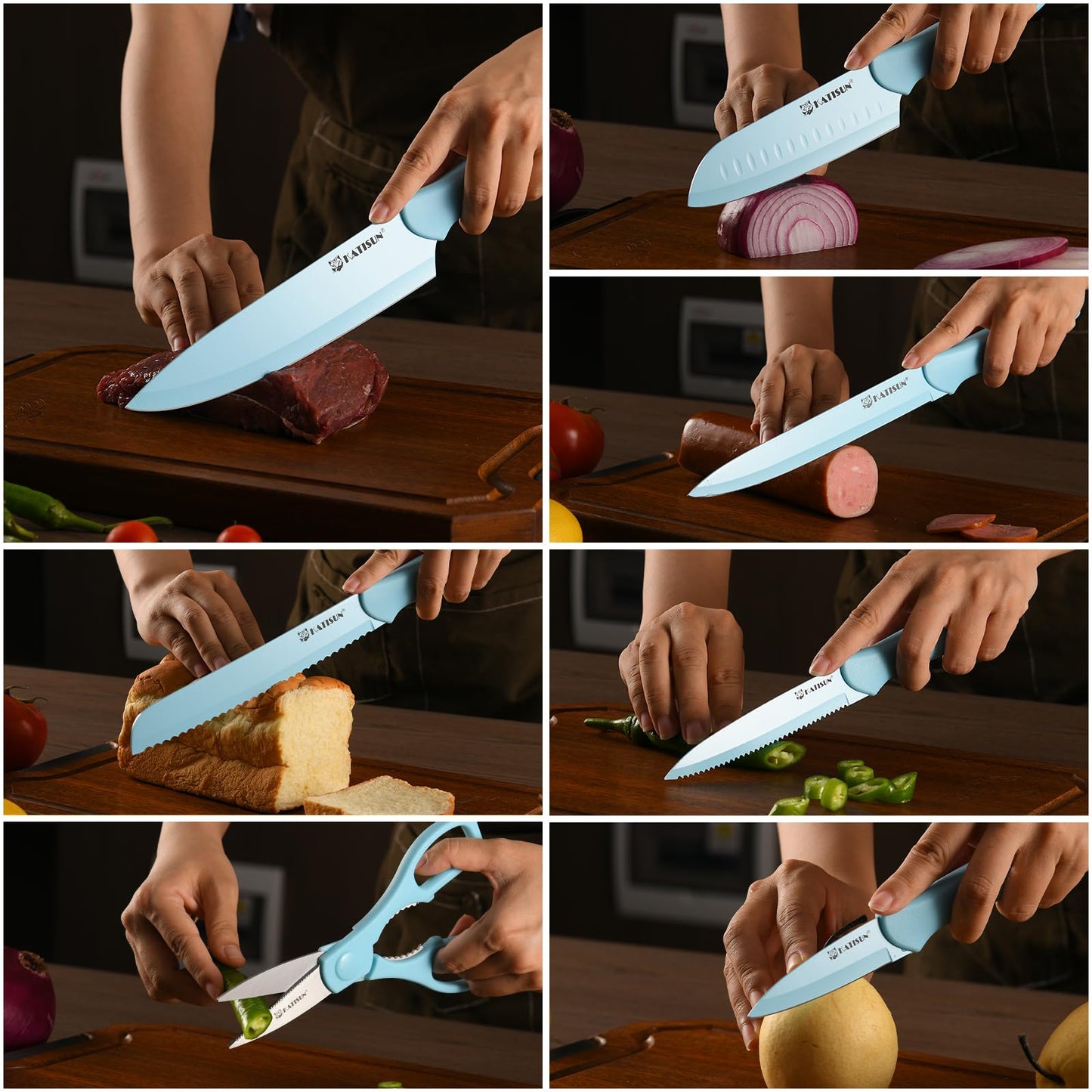 13-Piece Blue Kitchen Knife Set with Blade Covers & Shears