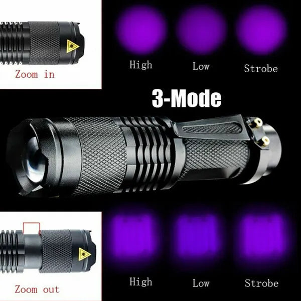 Mini Portable UV LED Flashlight - 3 Modes Blacklight Torch