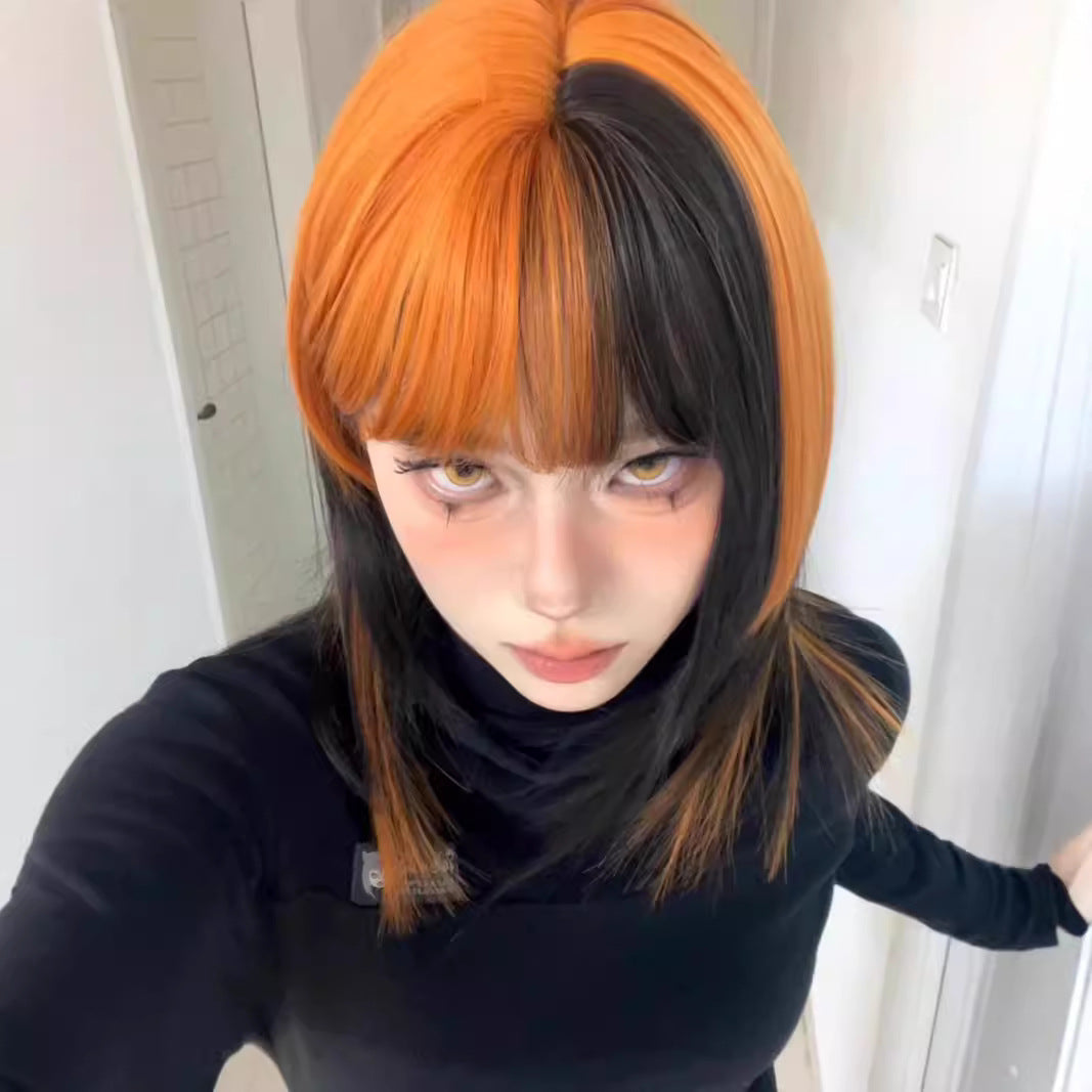 Black and Dirty Orange Ombre Synthetic Wig for Women - Long Straight Style with Bangs