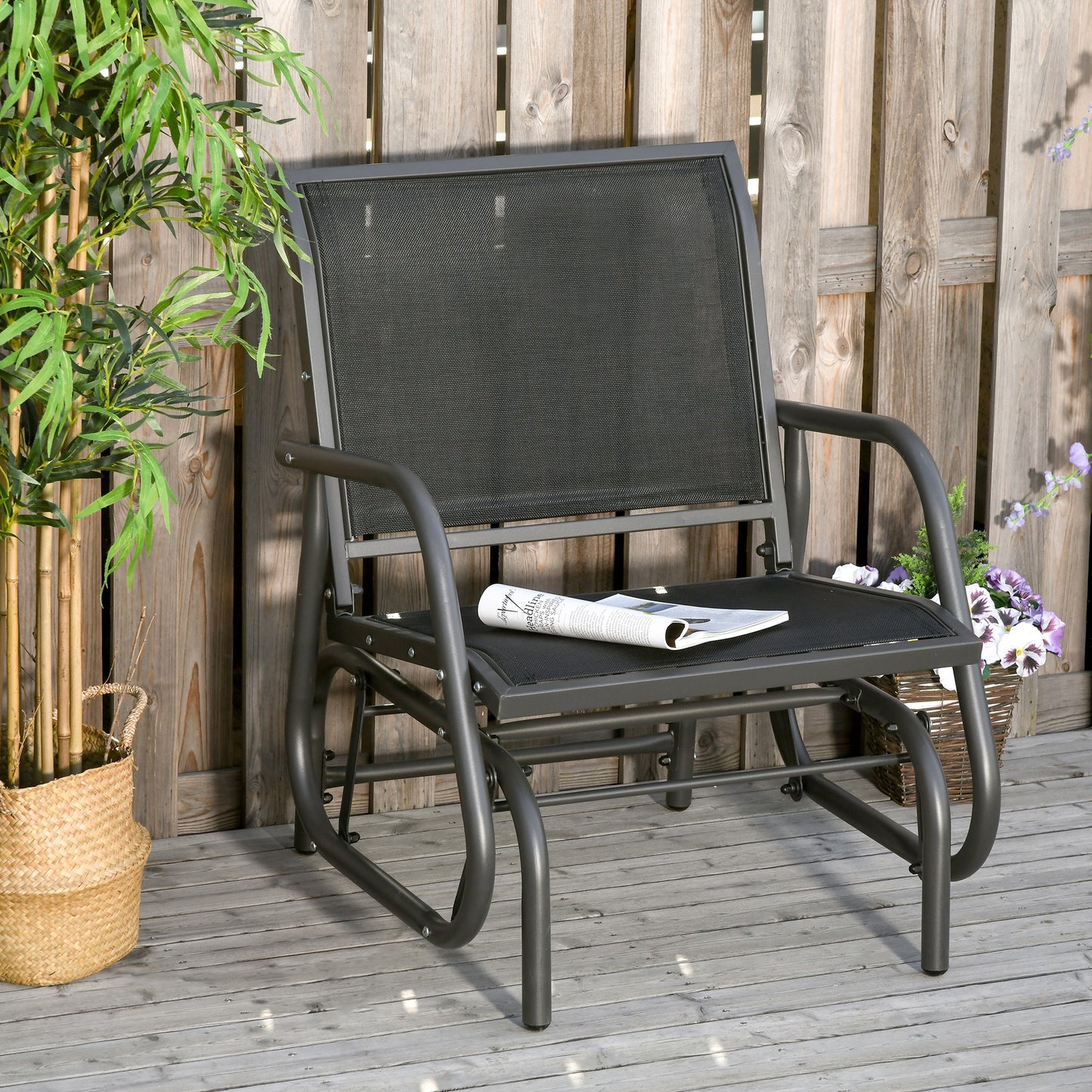 Outdoor Glider Chair - Steel Swing with Curved Armrests - Black