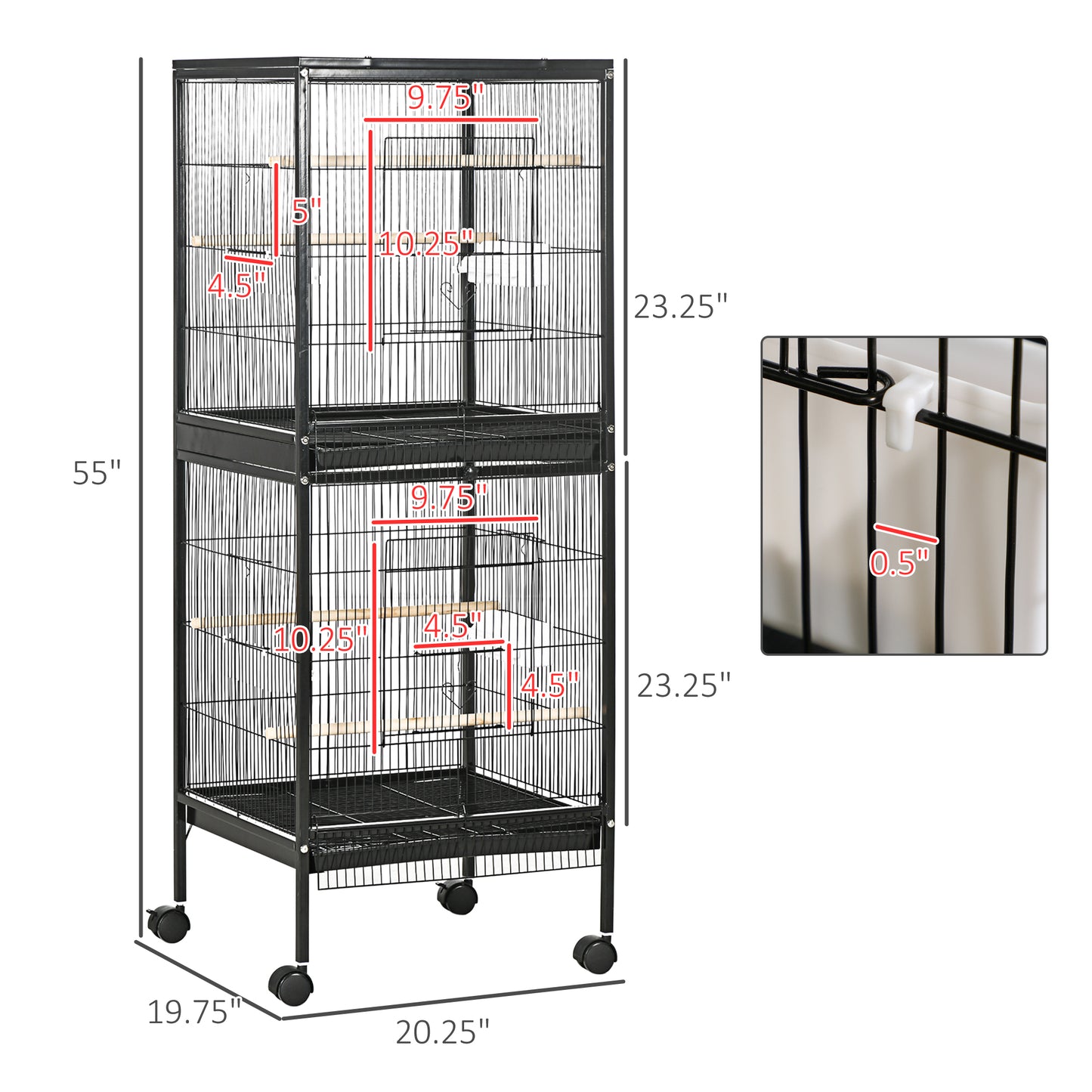 55-Inch Double Bird Cage Aviary with Wheels for Finches & Parakeets, Black