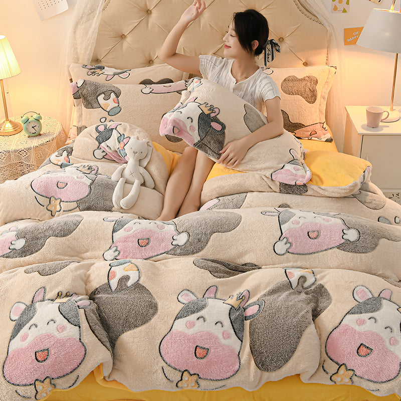 Coral Velvet Duvet Cover Set Double Sided Thick Bedding with Cartoon Patterns