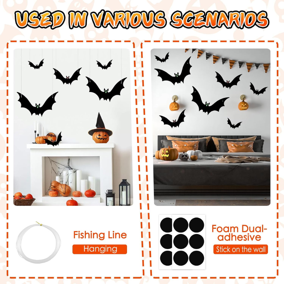 12-Pack Hanging Bat Halloween Decorations - Weather-Resistant Flying Bat Decor for Outdoor Yard & Indoor Party