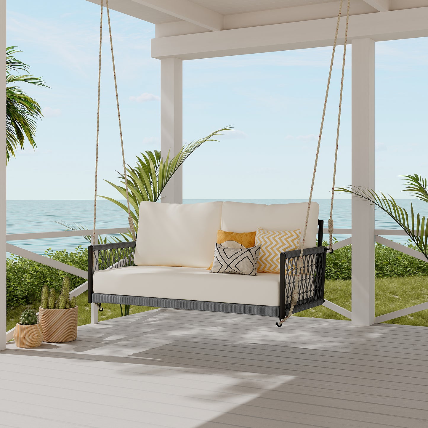 Outdoor Swing Sofa with Soft Cushions for 2 - Beige