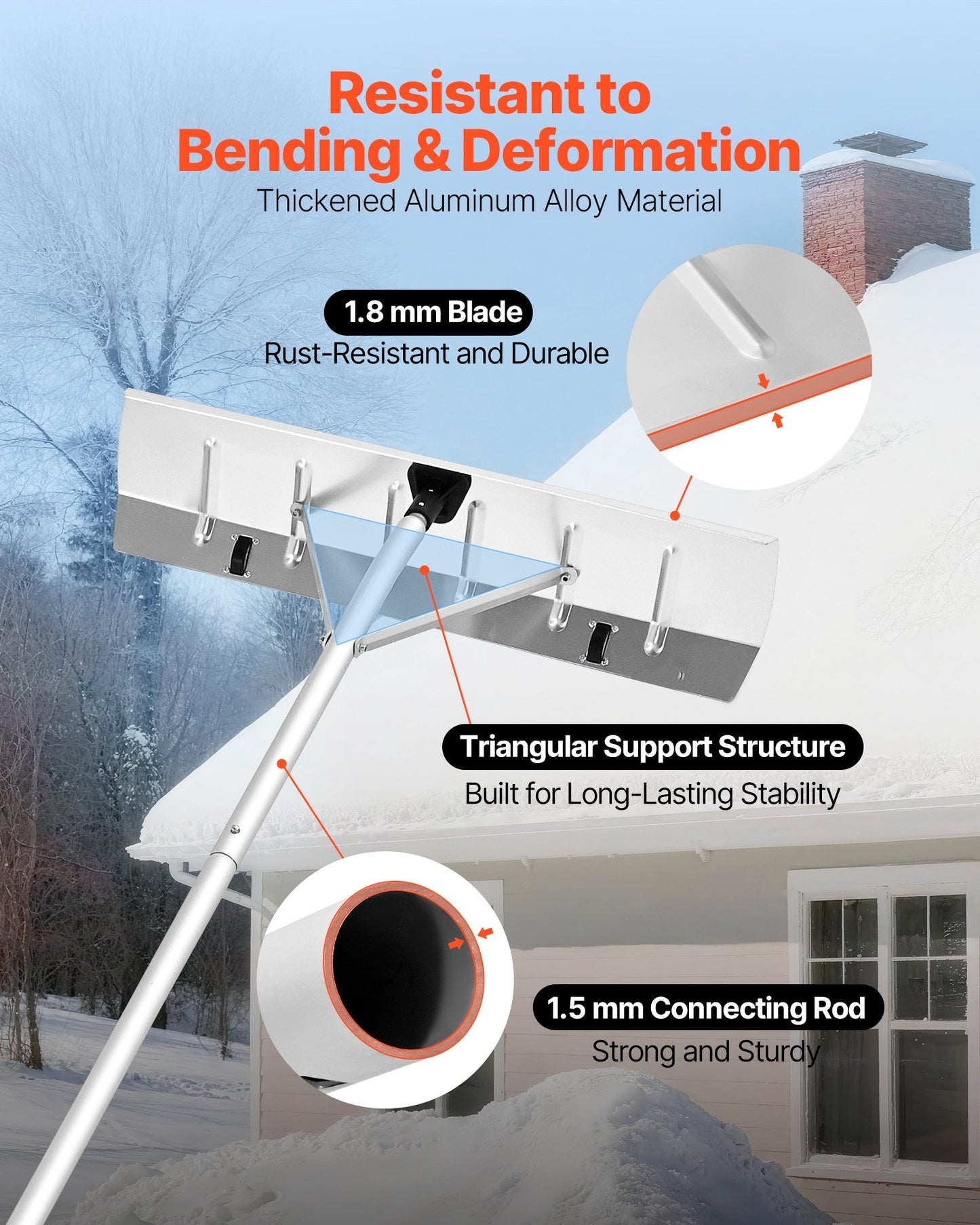 Adjustable Snow Roof Rake with Aluminum Blade & Wheels - 7.5-20 Ft Lightweight Debris Removal Tool