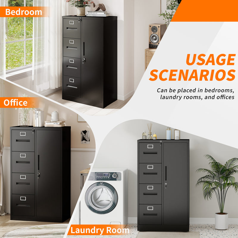 Metal Vertical Filing Cabinet with Lock - 4 Drawers & Door, Black