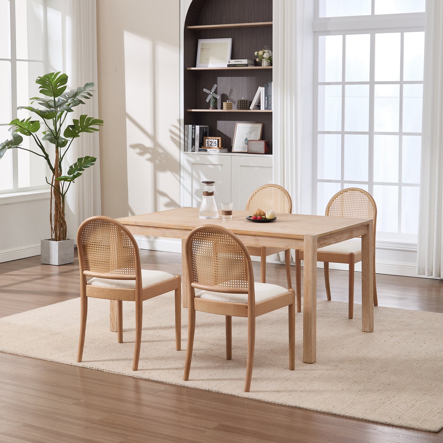 Beige Rattan Dining Chairs Set of 2 - Upholstered Kitchen Seating