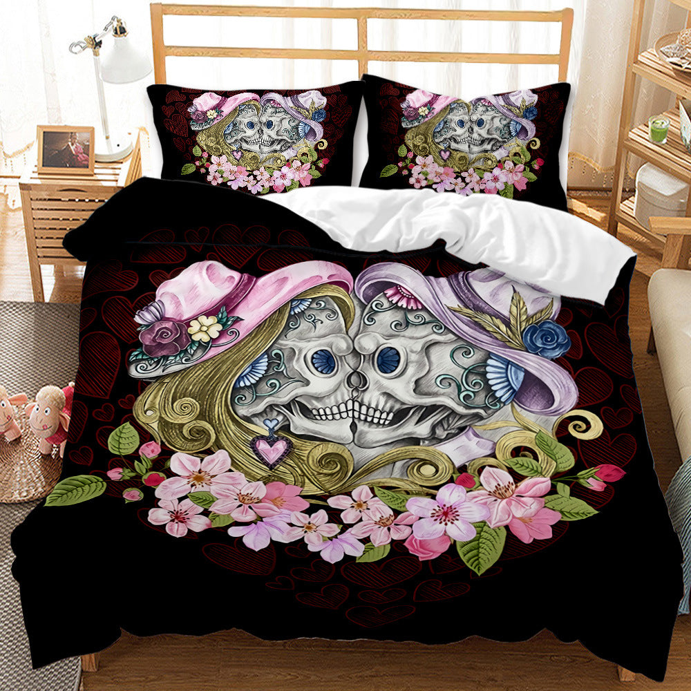 Three-Piece Skull Duvet Cover Set Modern Floral Bedding for Bedroom