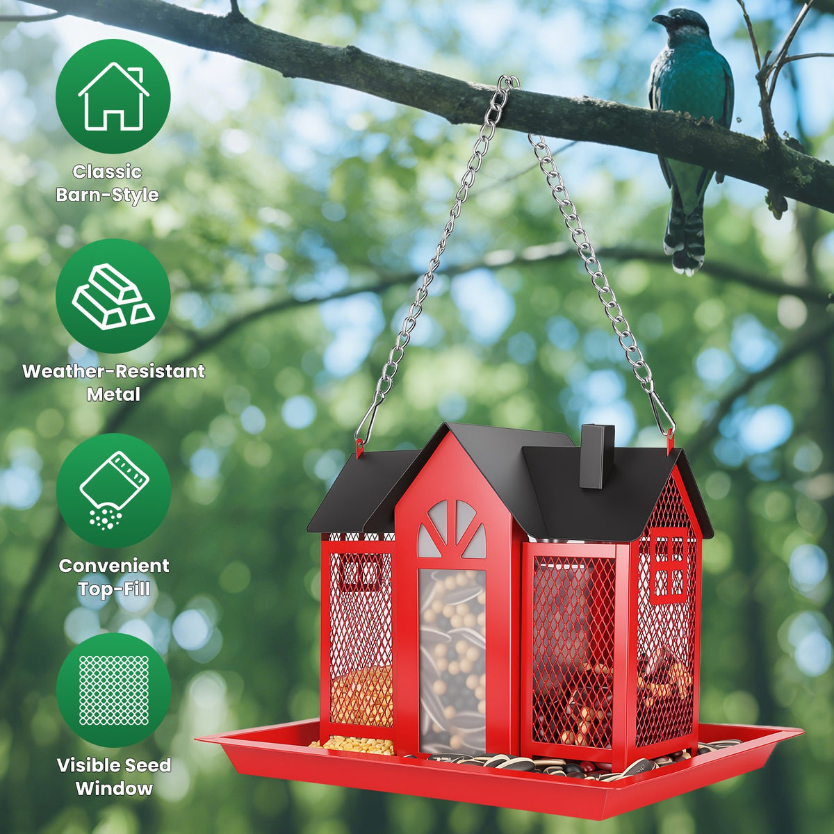 Metal Bird Feeder House with Visible Window & Lift Top - Outdoor Garden Decor