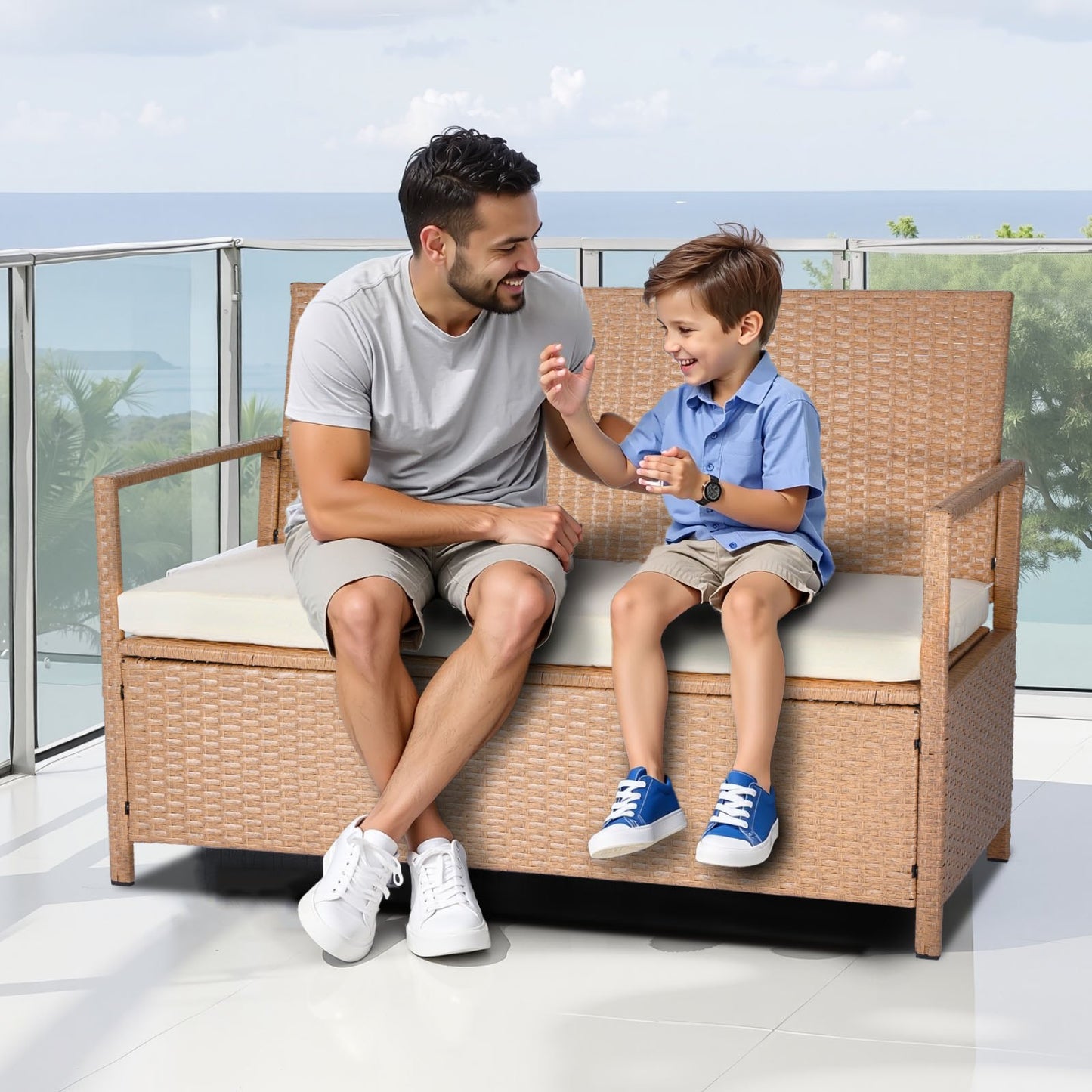 Outdoor Storage Bench with Cushion 70 Gal Waterproof Rattan Deck Box - Brown