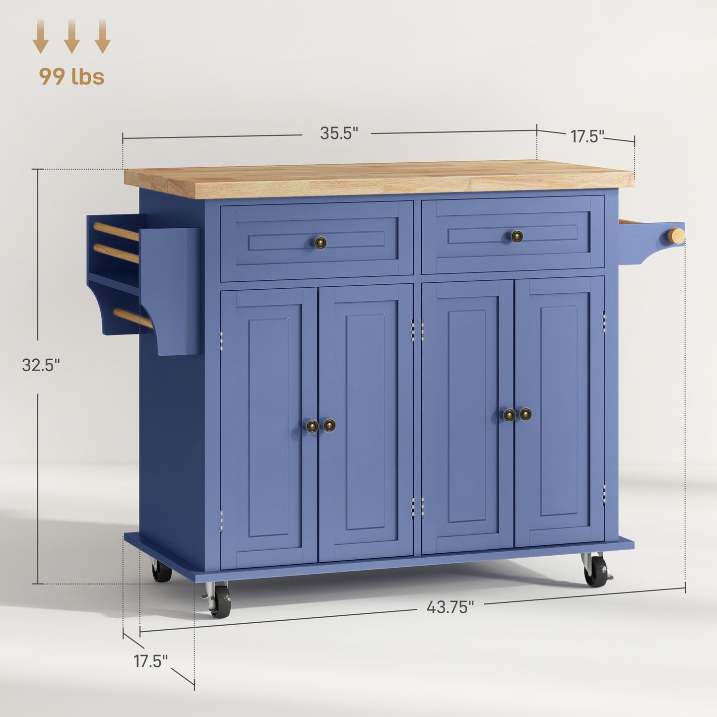 Rolling Kitchen Island on Wheels with Rubberwood Top and Storage - Navy Blue