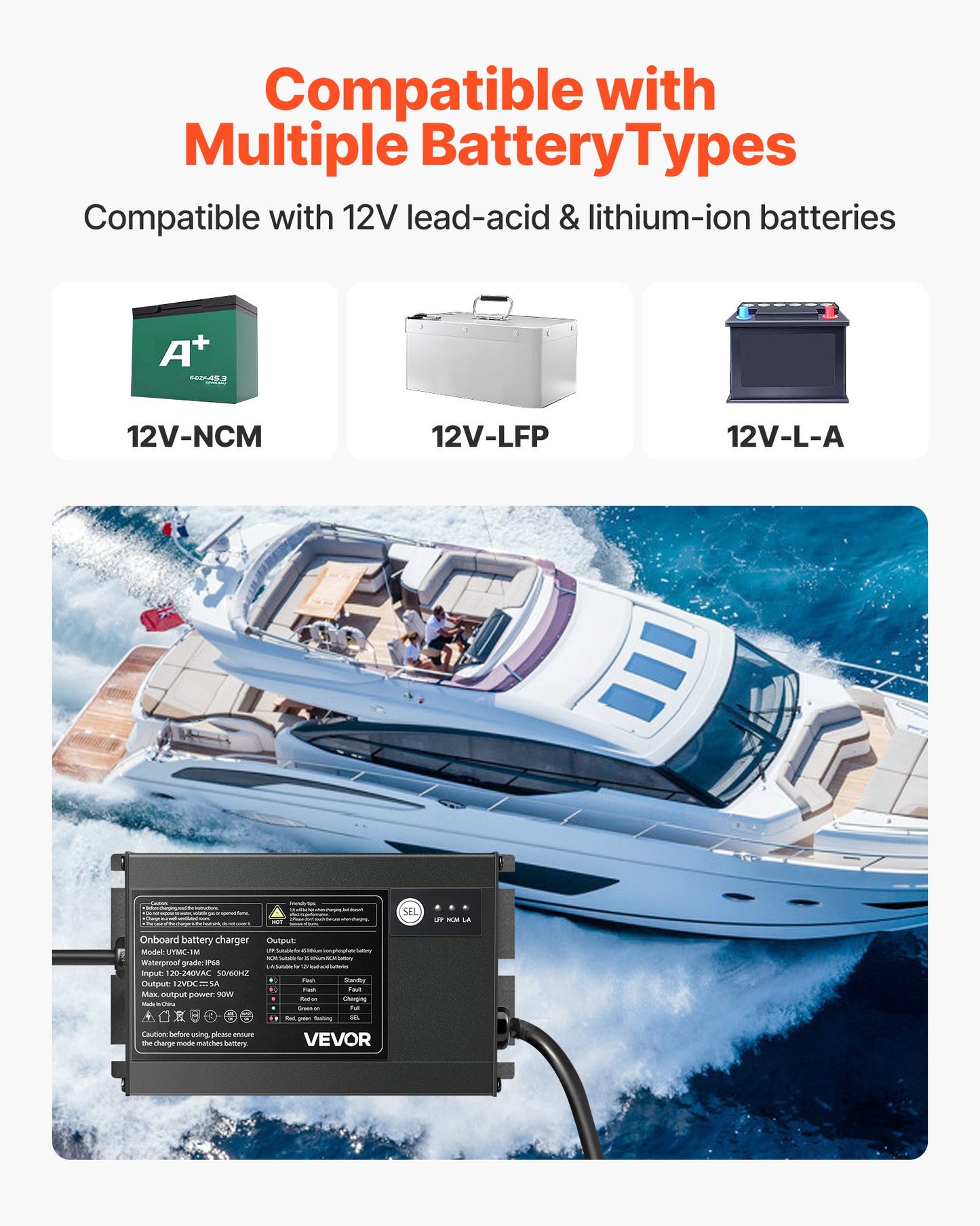 12V 5A Marine Battery Charger Waterproof IP68 Onboard RV Boat Yacht