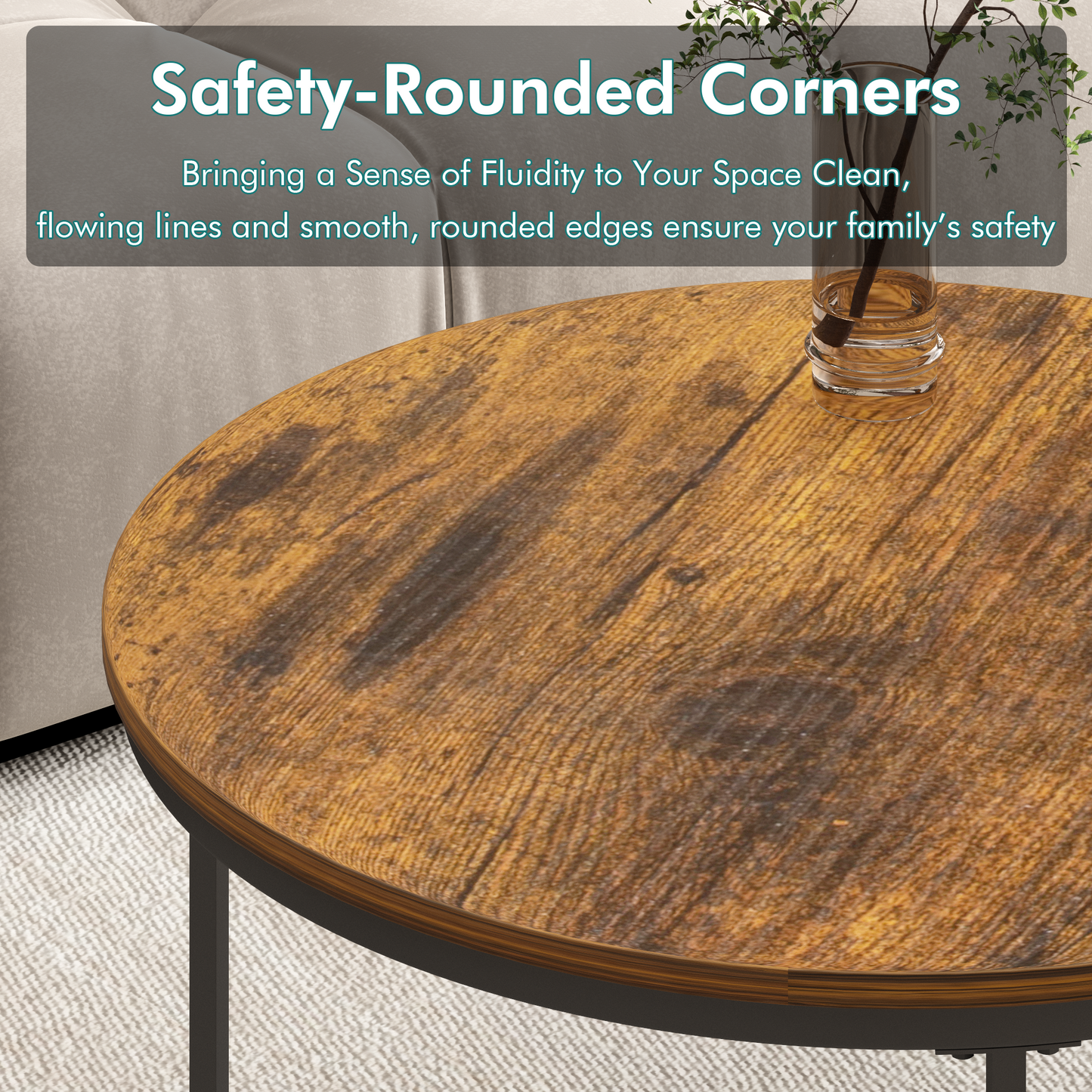 Nesting Coffee Table Set of 2 - Round Wood & Metal, Rustic Brown