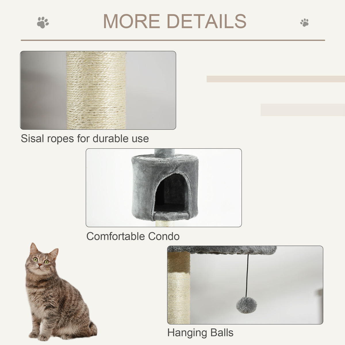 Height-Adjustable Floor-to-Ceiling Cat Tree with Scratching Posts & Toys - Light Grey