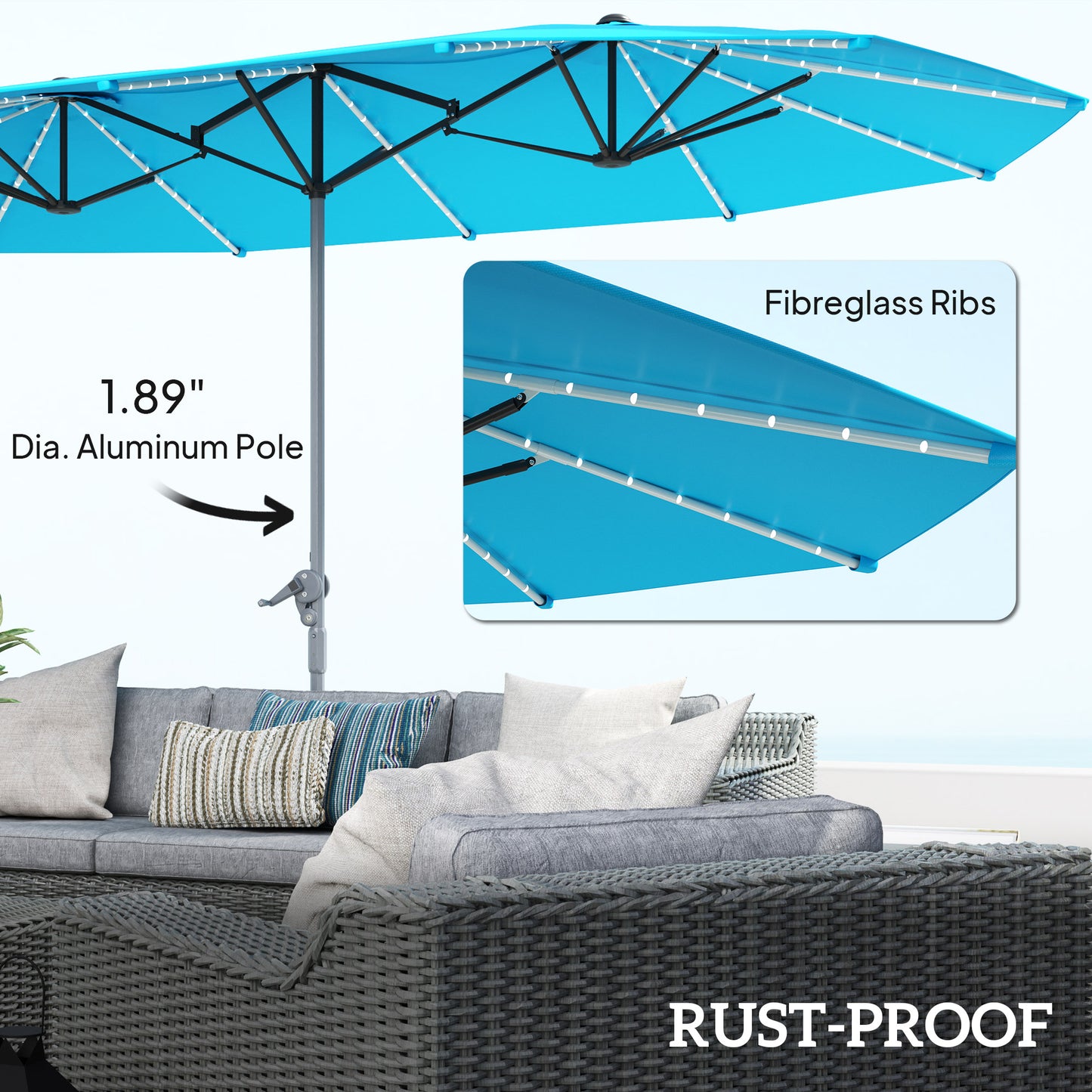 15ft Double-Sided Patio Umbrella with Solar Lights - Blue
