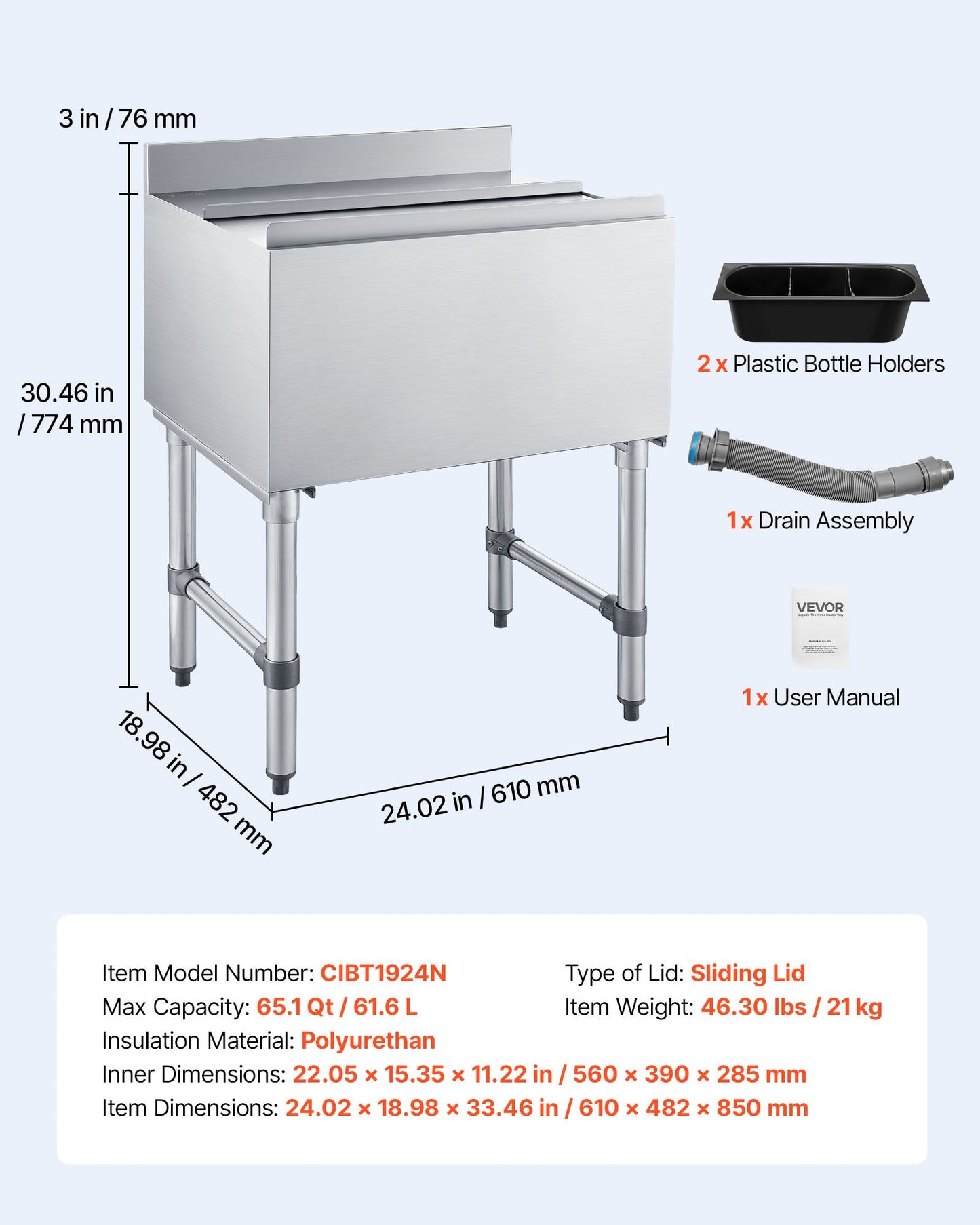 Commercial Ice Bin 65.1 Qt Stainless Steel Cooler with Sliding Lid & Bottle Holders
