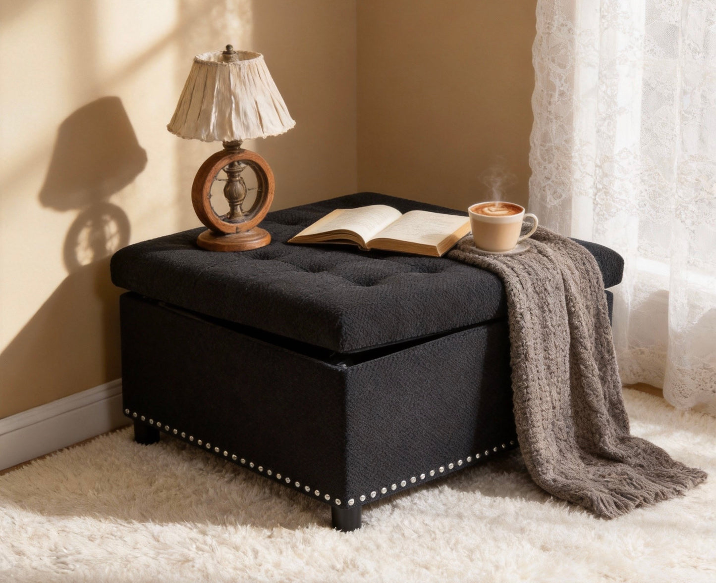 Tufted Black Storage Ottoman with Nailhead Trim - Square Bench