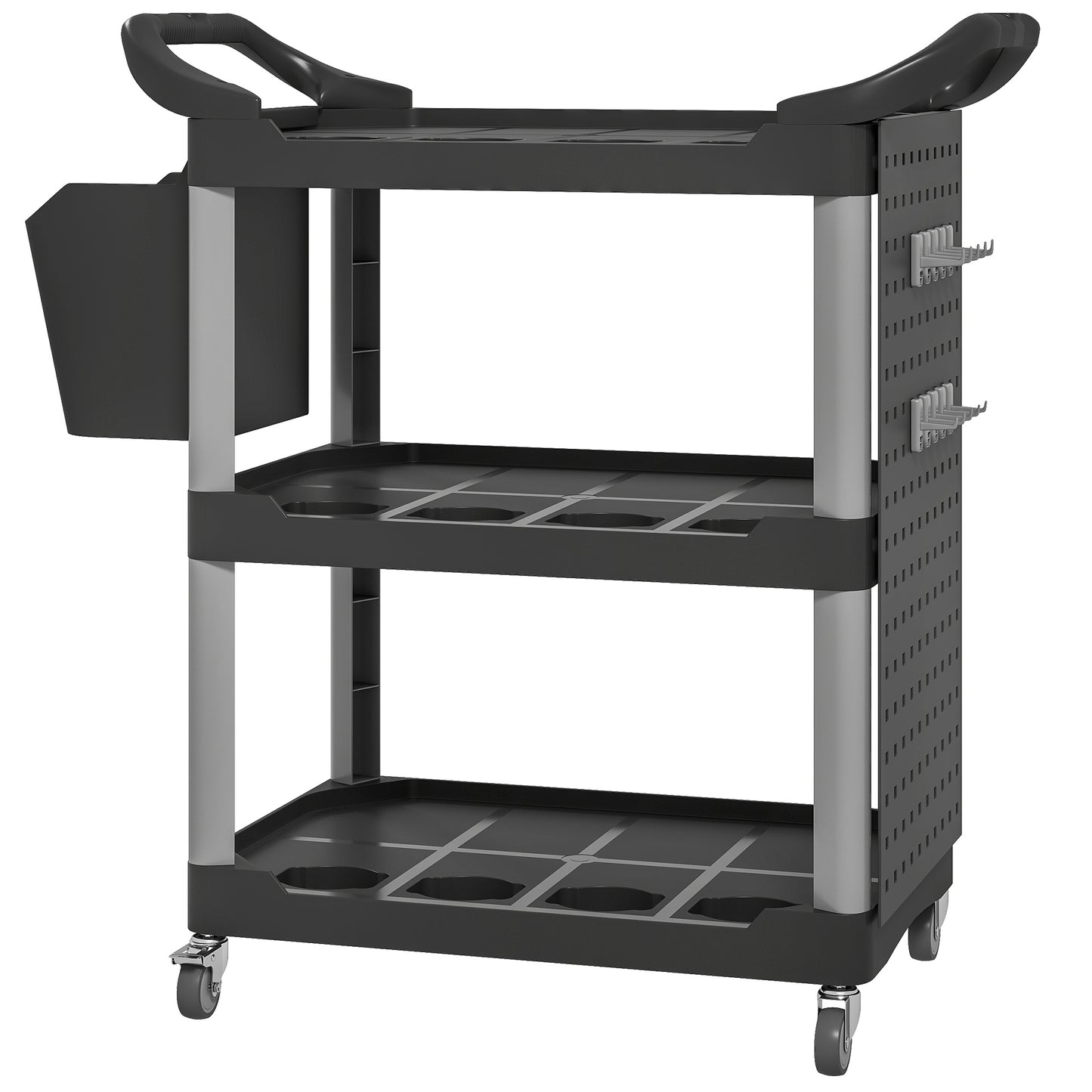 3-Tier Rolling Tool Cart with Side Shelf and Bucket - Black & Light Gray