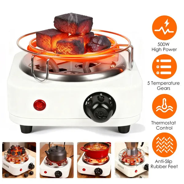 500W Charcoal Burner with Thermostat Control & Tongs - Black