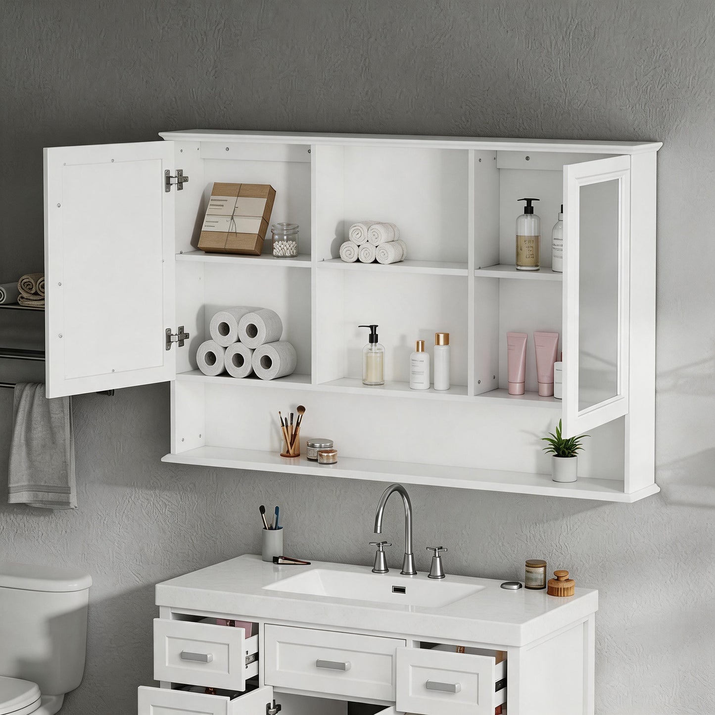 60" Wall-Mounted Bathroom Medicine Cabinet with Double Mirrors