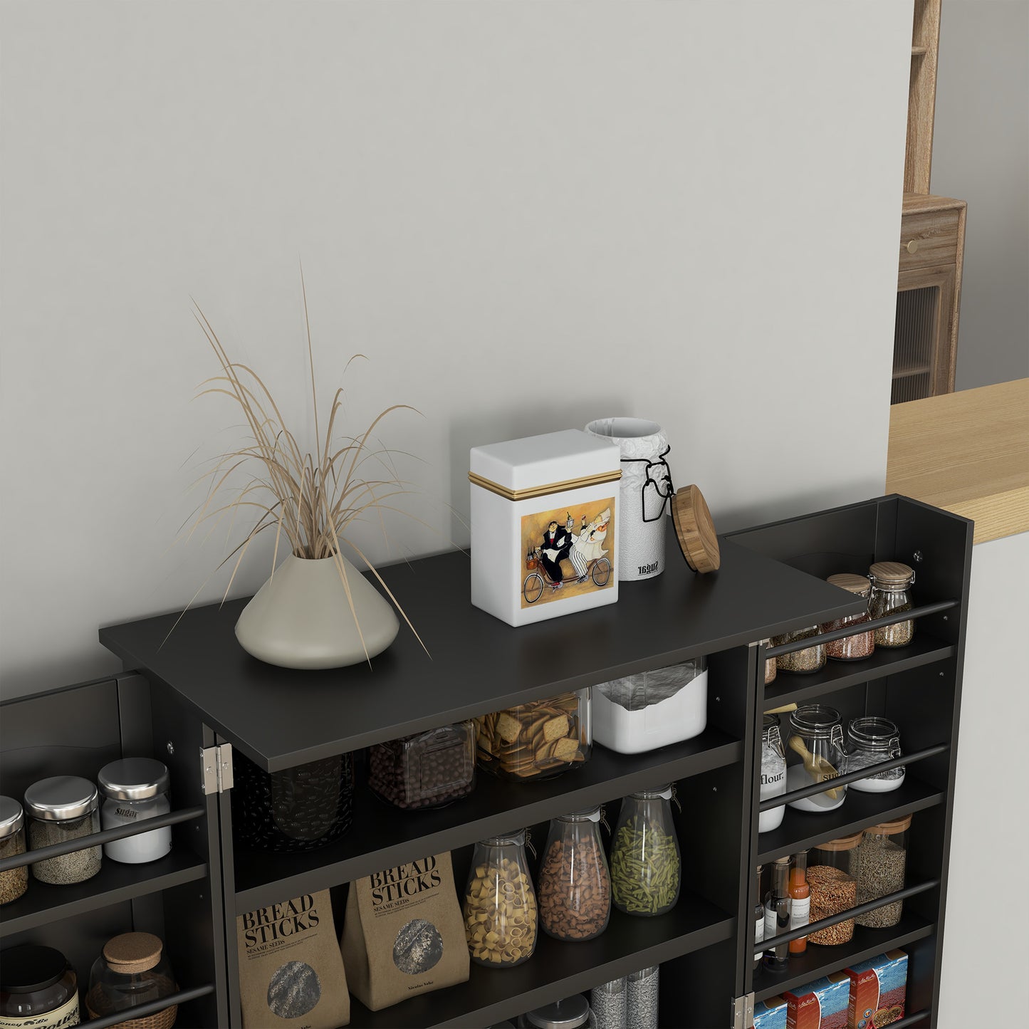 Freestanding Kitchen Pantry Cabinet with 5-Tier Shelving - Black
