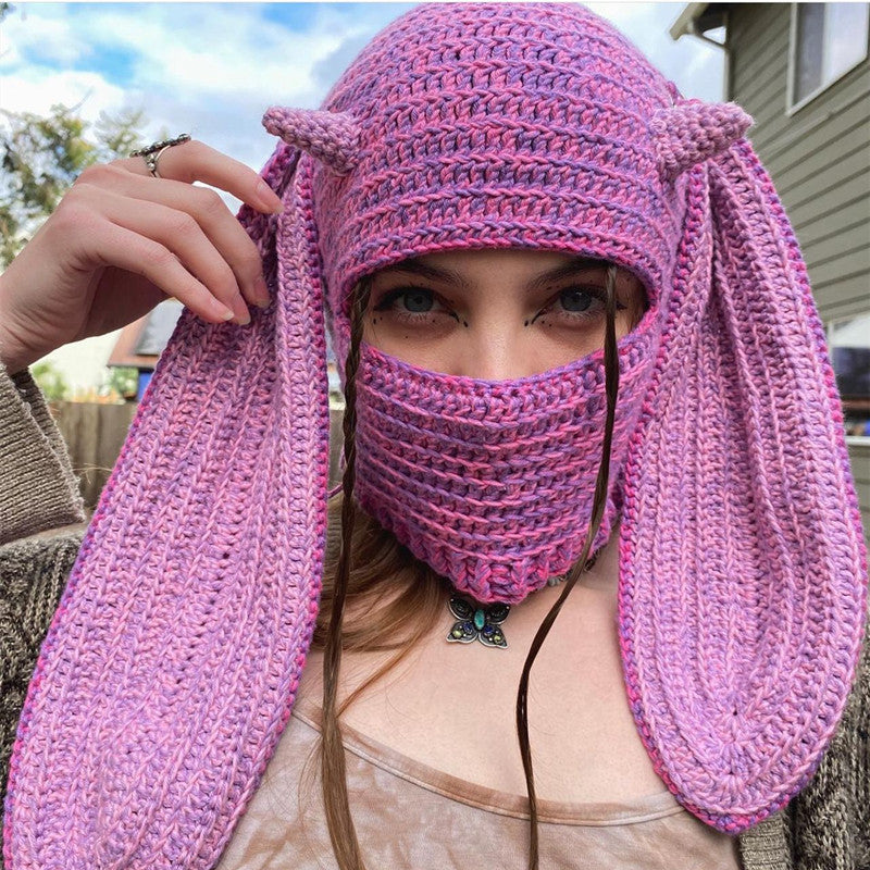 Knitted Rabbit Ear Mask Hat - Funny One-Eye Exposed Horn Thermal & Windproof