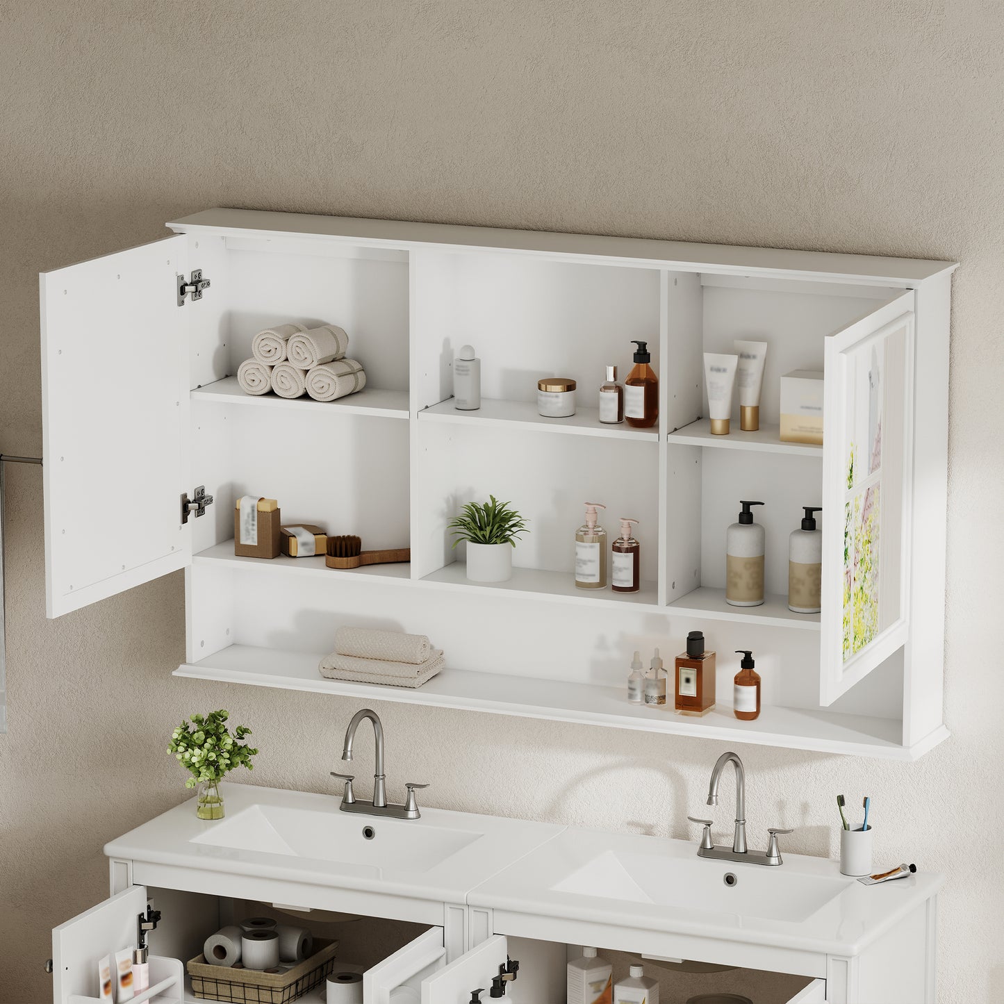 60" Wall-Mounted Bathroom Medicine Cabinet with Double Mirrors
