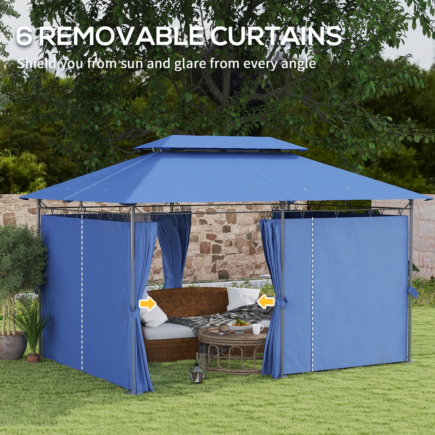 Outdoor Gazebo with Curtains - 10x13 Double Roof, Dark Blue