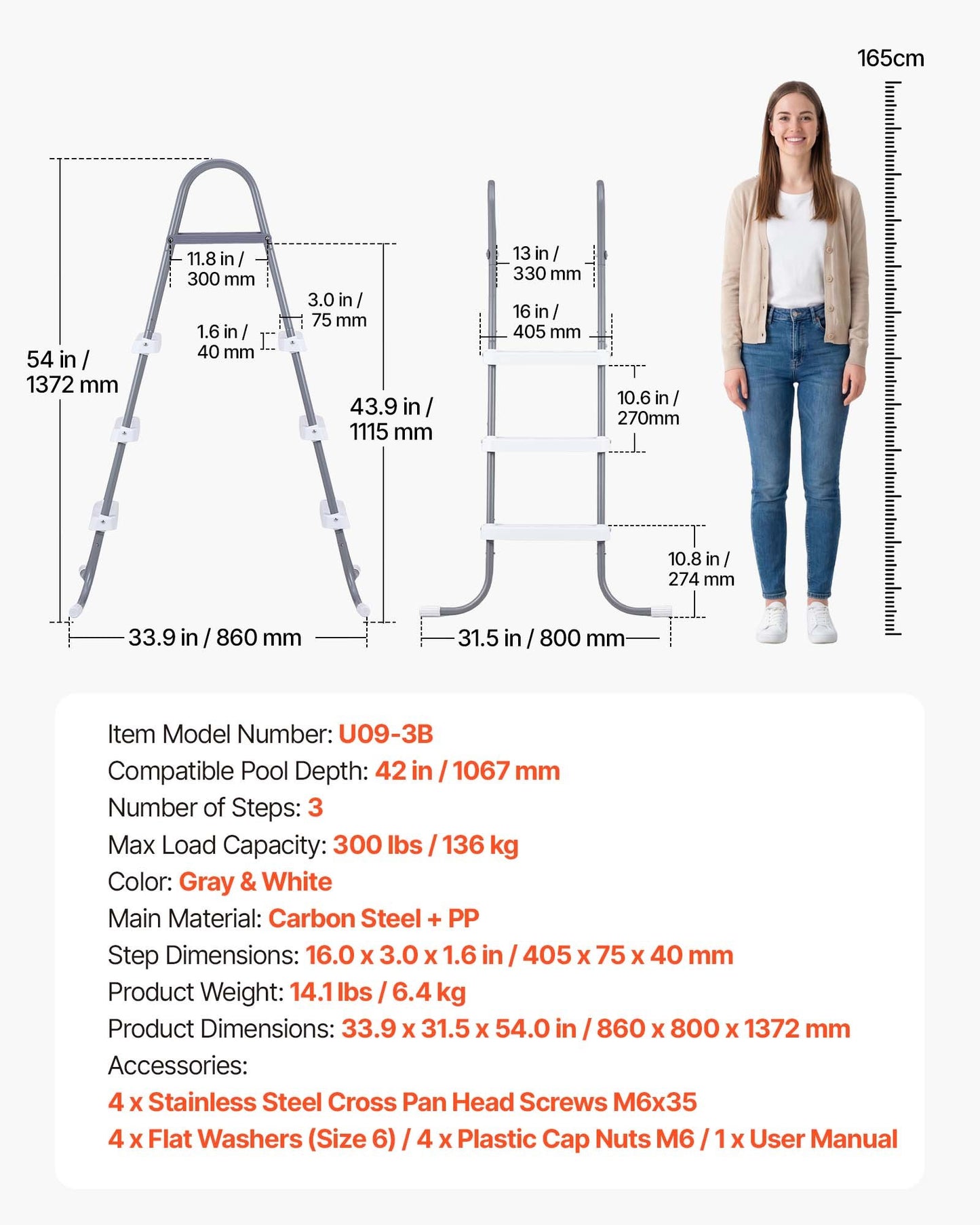 Black 3-Step Pool Ladder for Above Ground Pools - Rust-Resistant Steel, 300 lbs Capacity