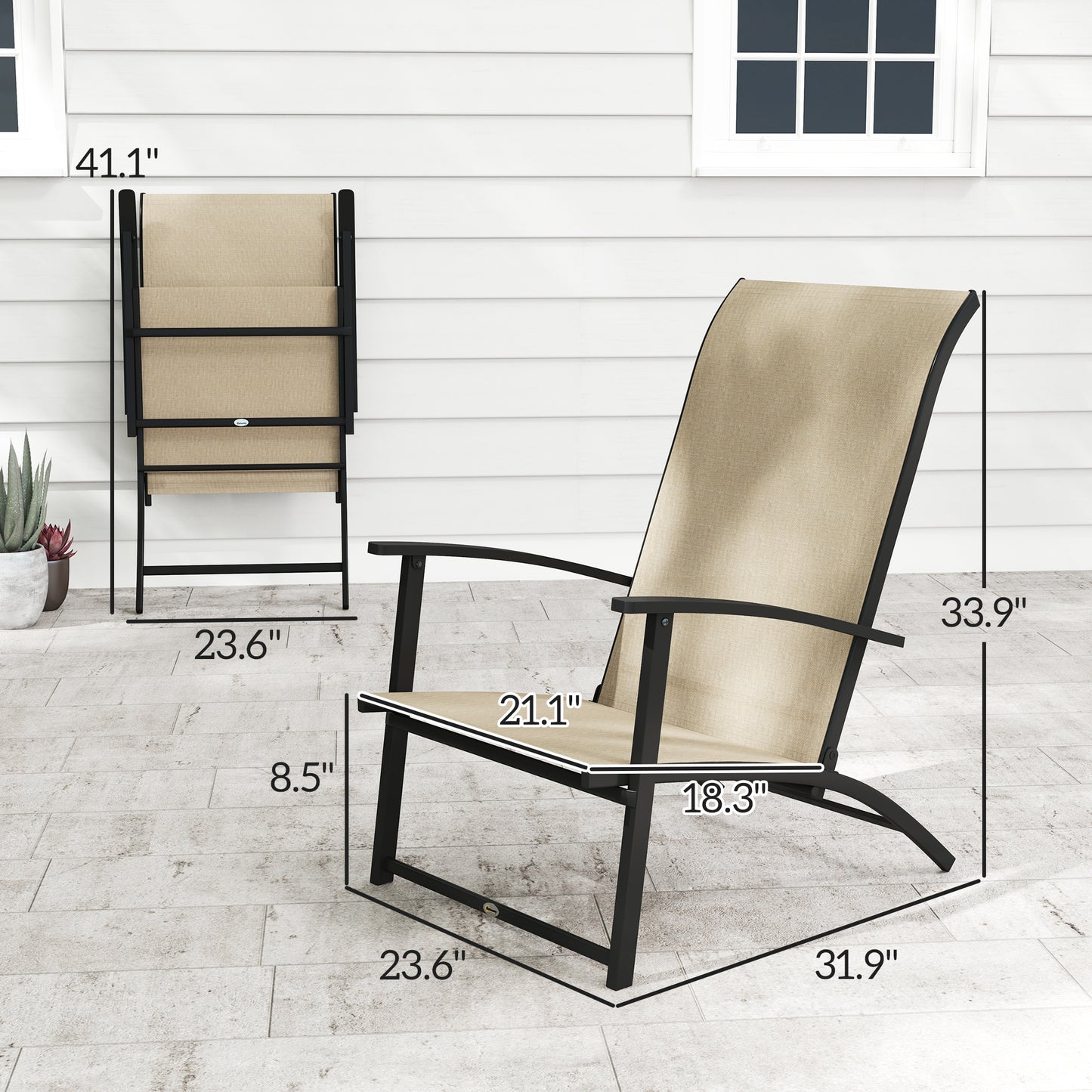 Set of 2 Folding Outdoor Dining Chairs with High Back & Armrests - Beige
